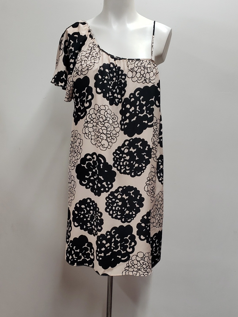Loeffler Randall Silk Shift Dress One Shoulder Floral Tan Black Abstract Size 4